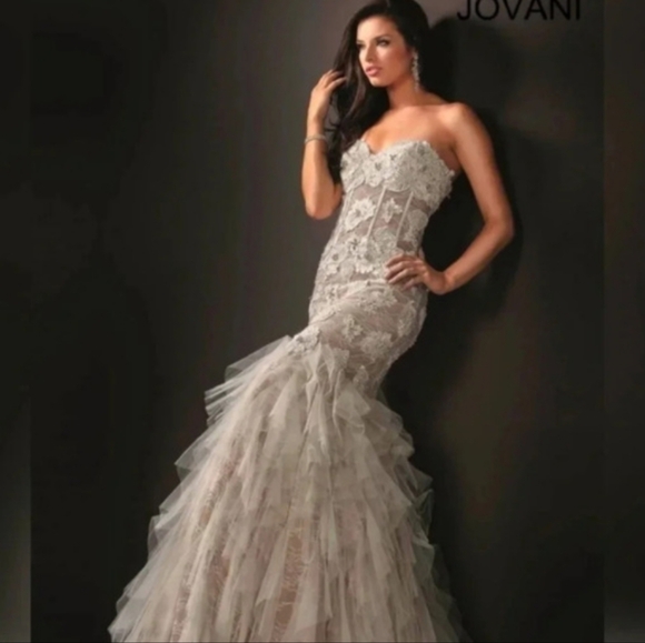 Jovani Prom‎ Wedding Dress White Nude size 0 One Shoulder Sheer Mermaid - Picture 16 of 16